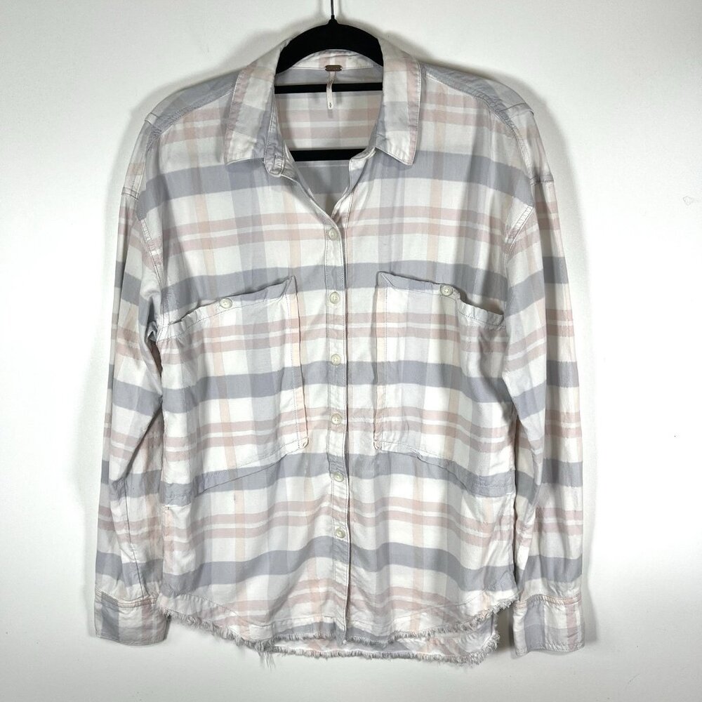 Free People LoveLand‎ Pastel Plaid Button Down Frayed Hem Boho Shirt Small